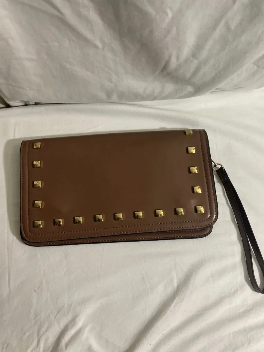 Miztique Brown Studded Wristlet Clutch Wallet Faux Leather Snap Zip Organizer